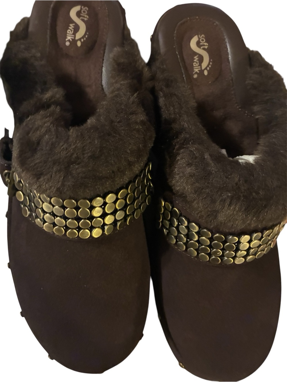 SoftWalk Brown Faux-Fur Slide Clogs with Gold Stud Accent